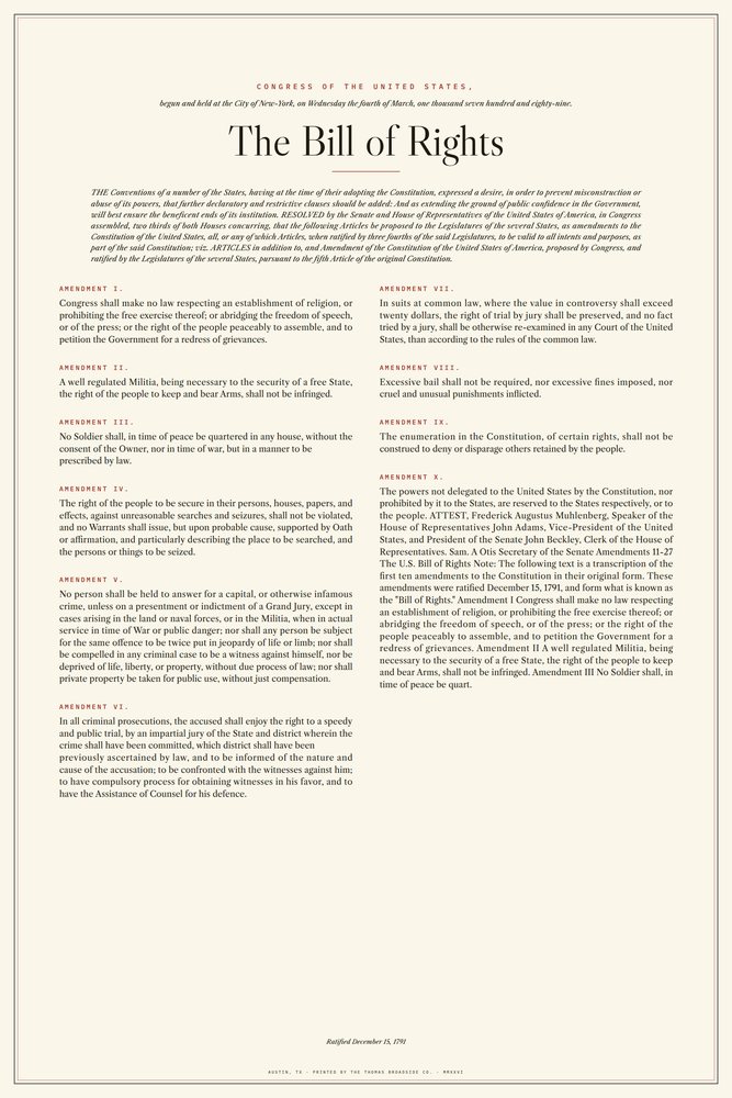 The Bill of Rights, typeset broadside