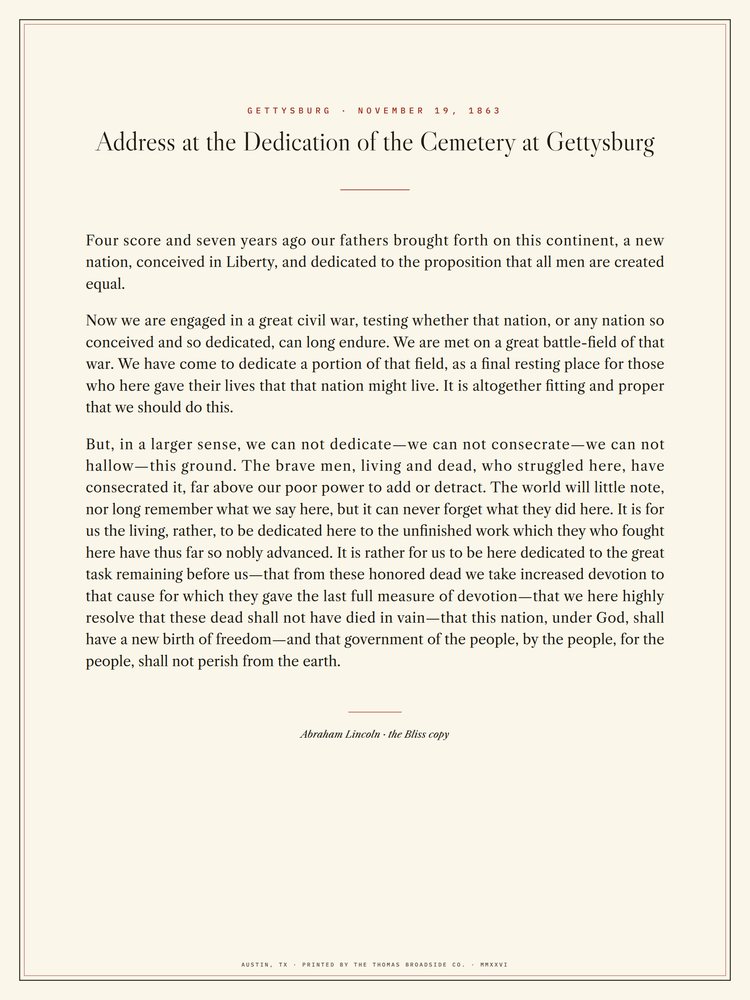 The Gettysburg Address, typeset broadside