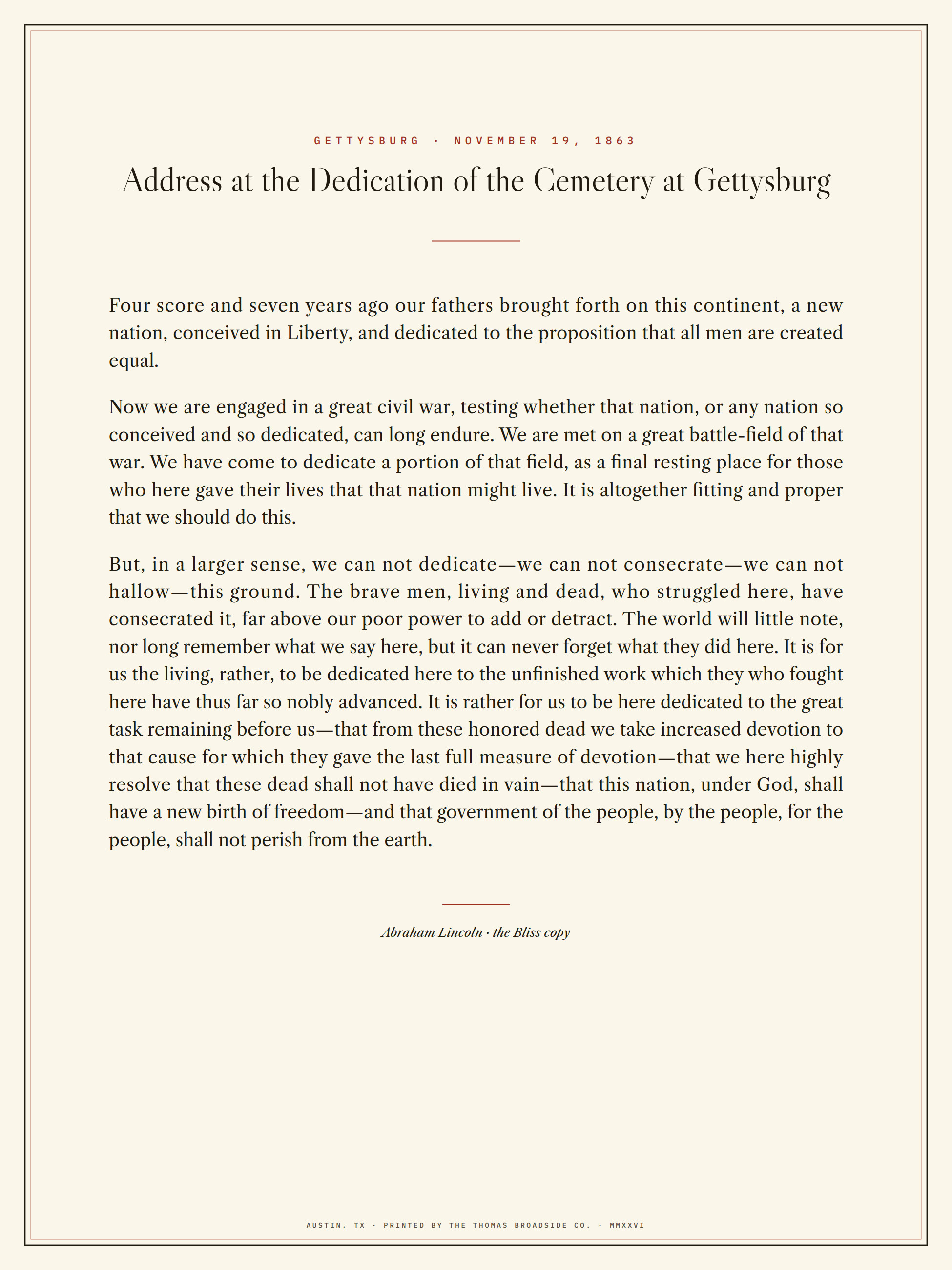 The Gettysburg Address, typeset broadside
