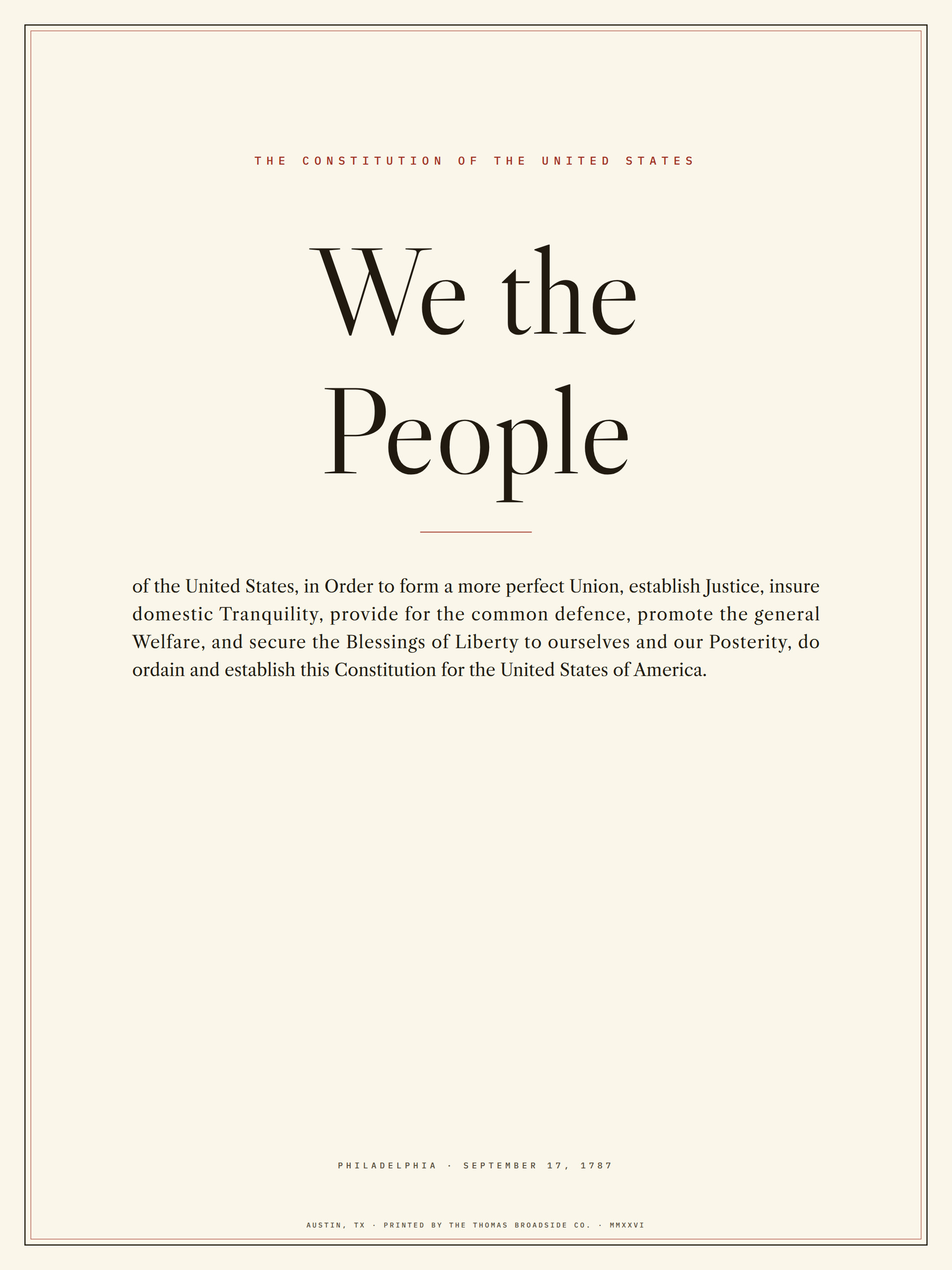 Preamble to the Constitution, typeset broadside