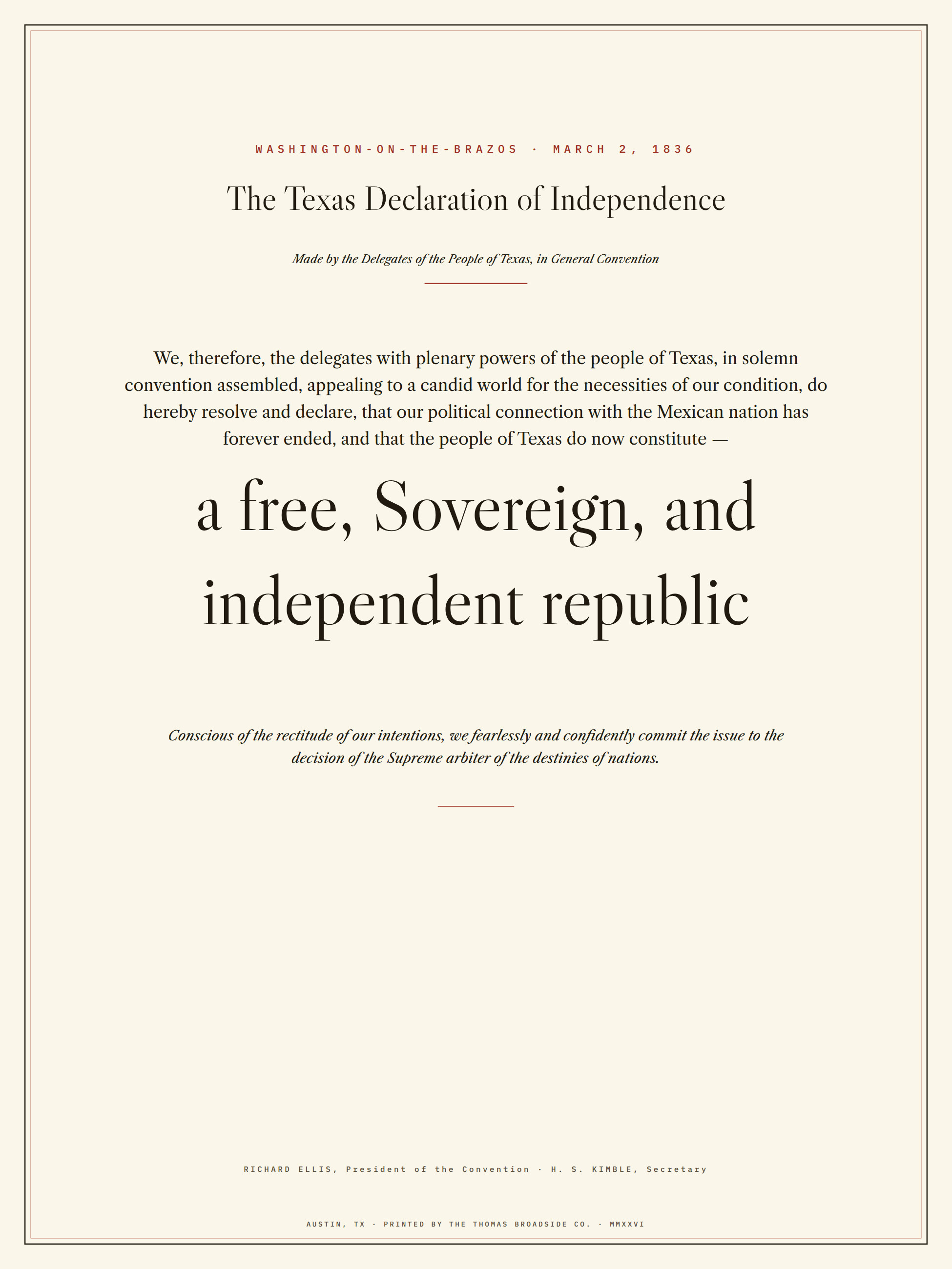 The Texas Declaration of Independence. 'a free, Sovereign, and independent republic' set monumental in Caslon, black and red