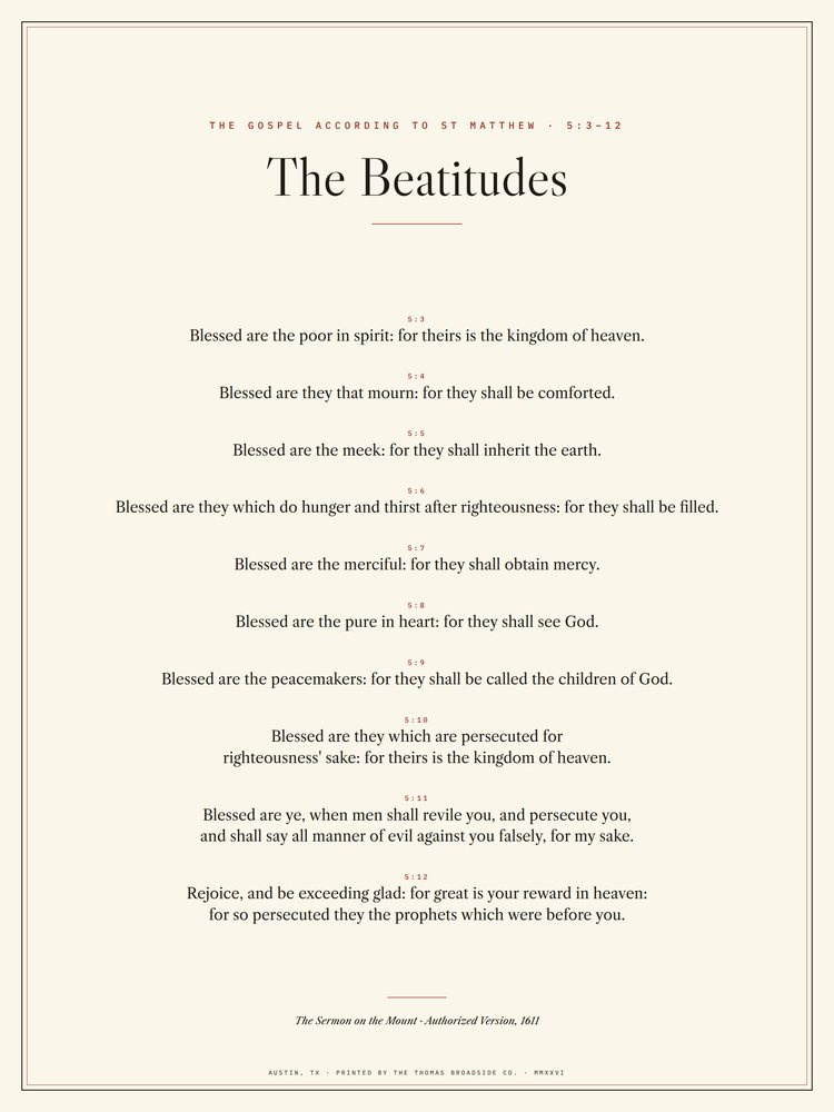 The Beatitudes. Matthew 5:3–12, Authorized Version, typeset broadside in black and red