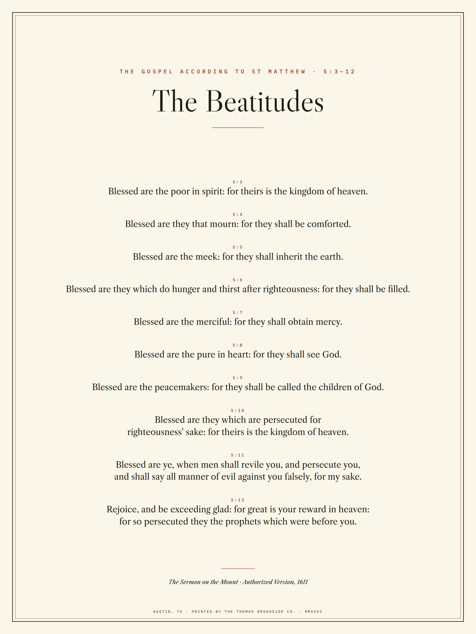 The Beatitudes. Matthew 5:3–12, Authorized Version, typeset broadside in black and red