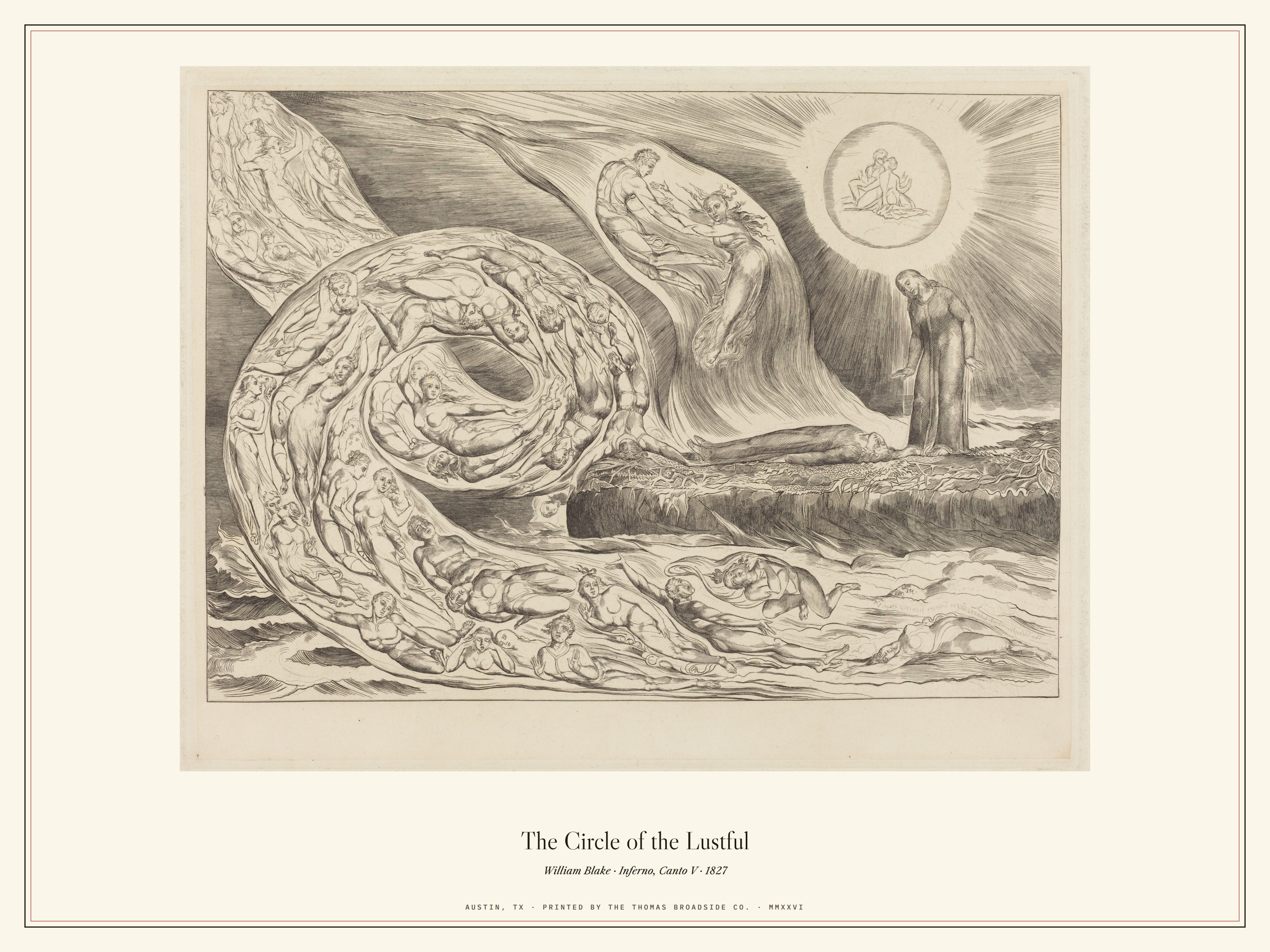The Circle of the Lustful: Paolo and Francesca. William Blake engraving for Dante's Inferno, 1827