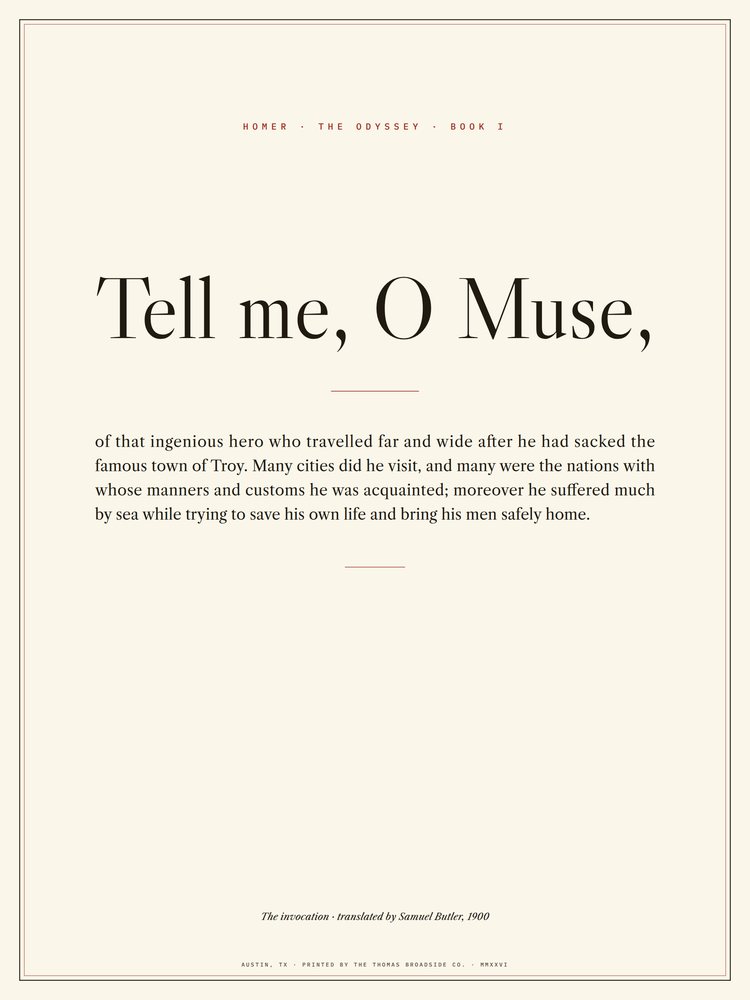 The Odyssey. 'Tell me, O Muse,' the invocation set monumental in Caslon, black and red