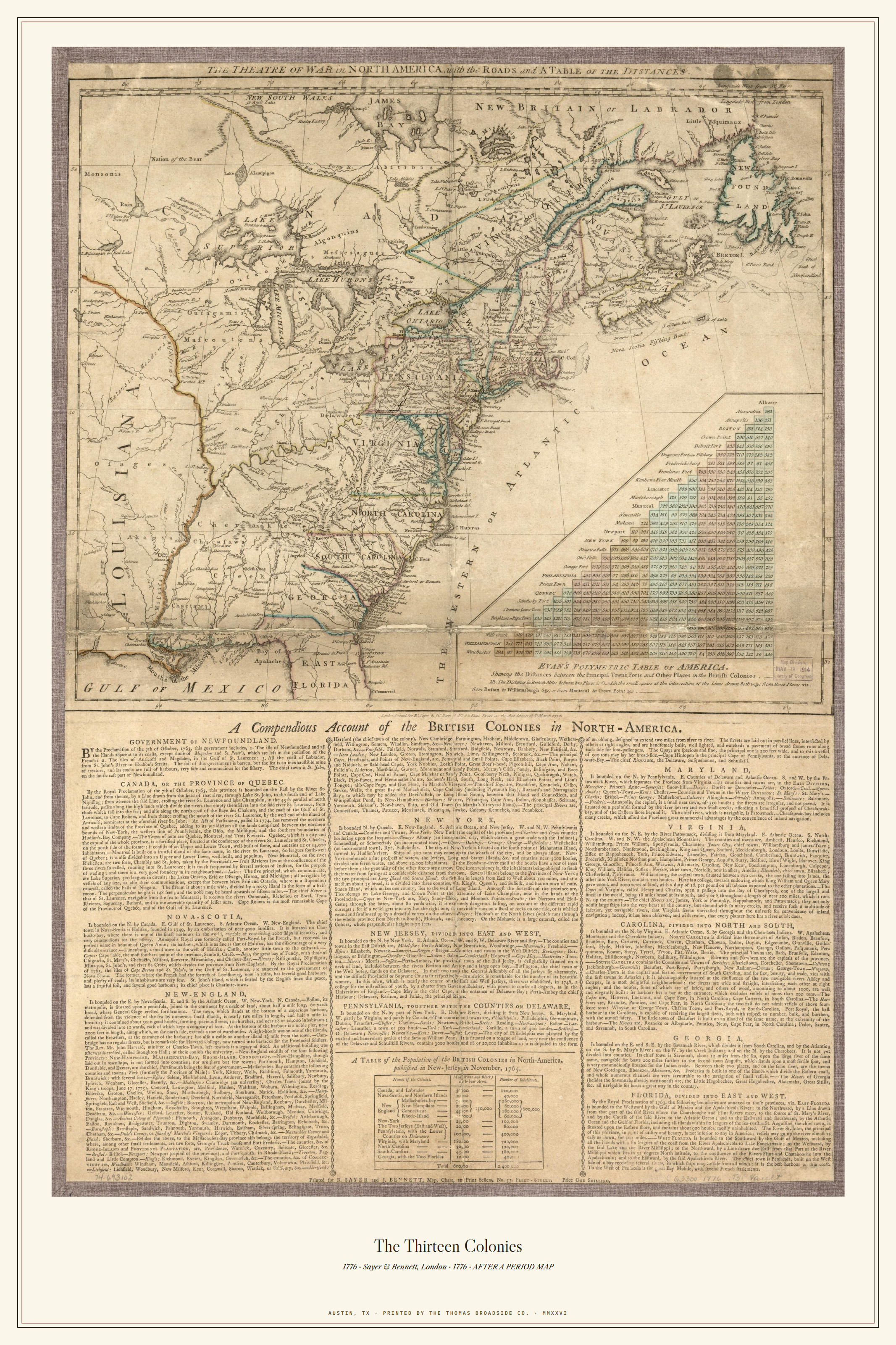 The Theatre of War in North America, map with letterpress text, 1776