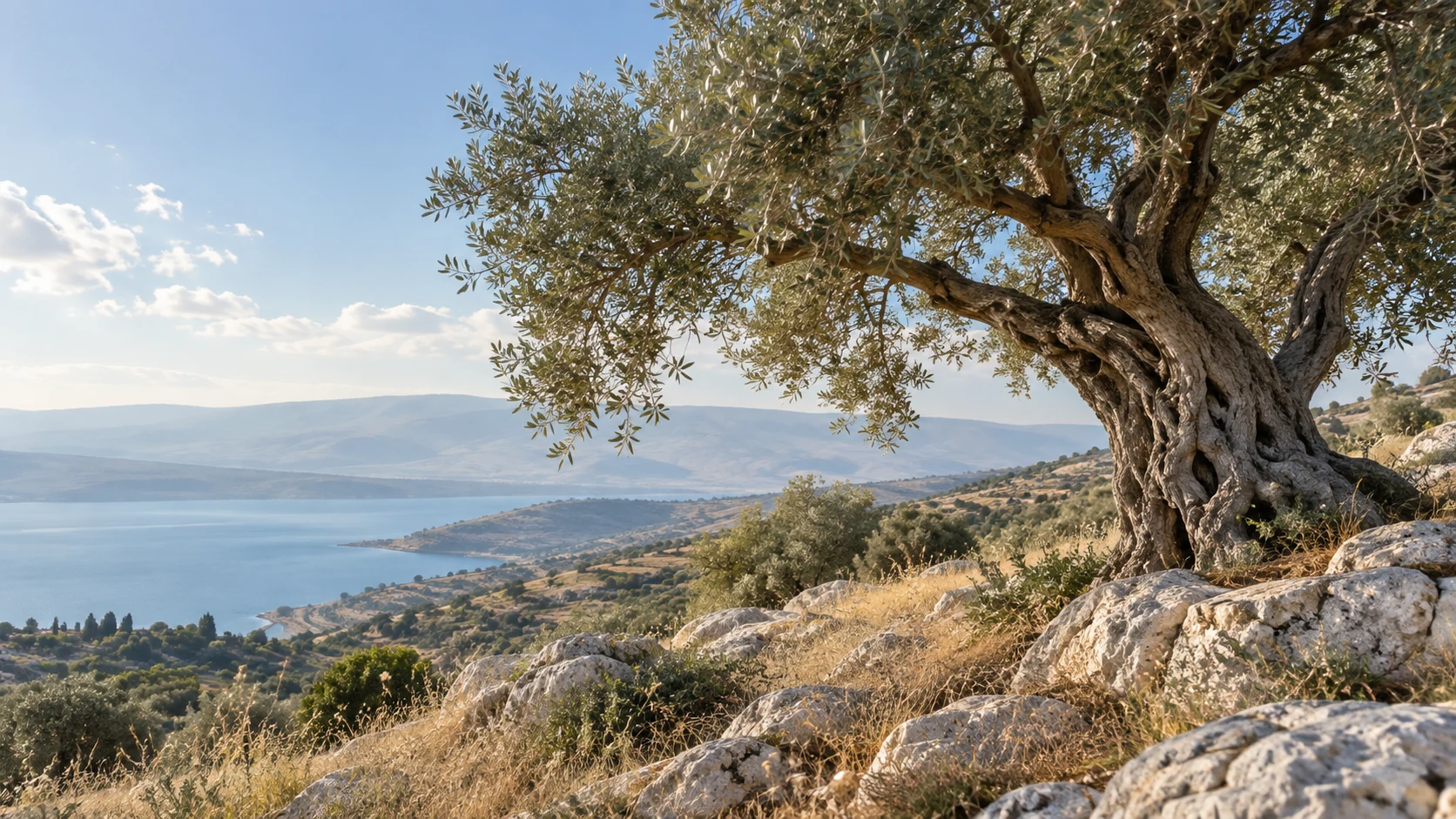 An imagined olive hillside overlooking a lake.