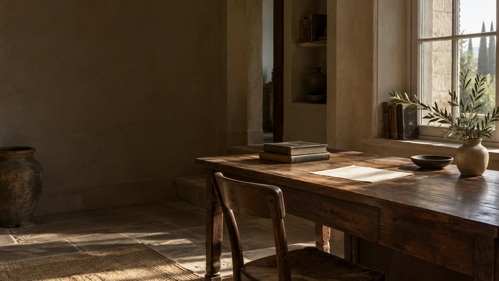 An imagined reading room with books and a sheet on an oak desk in morning light.