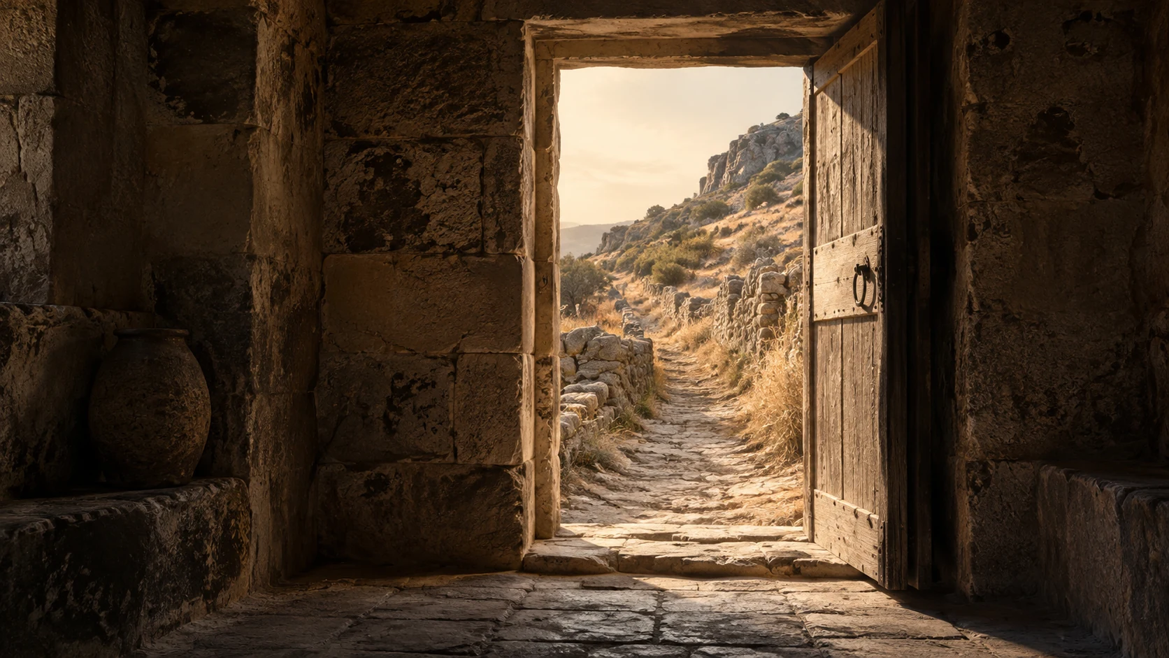 An open stone doorway leading to a sunlit, dry hillside path.