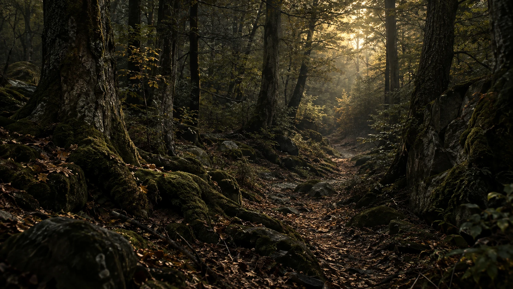 An imagined woodland path in the morning light.