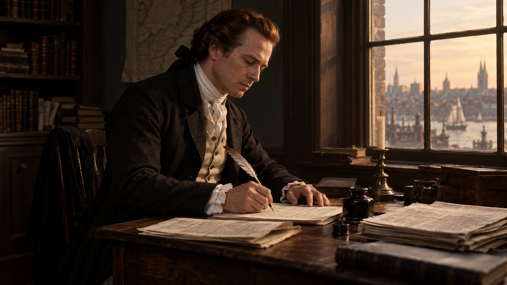 Dramatic reconstruction of Alexander Hamilton writing beside newspaper sheets in 1787.