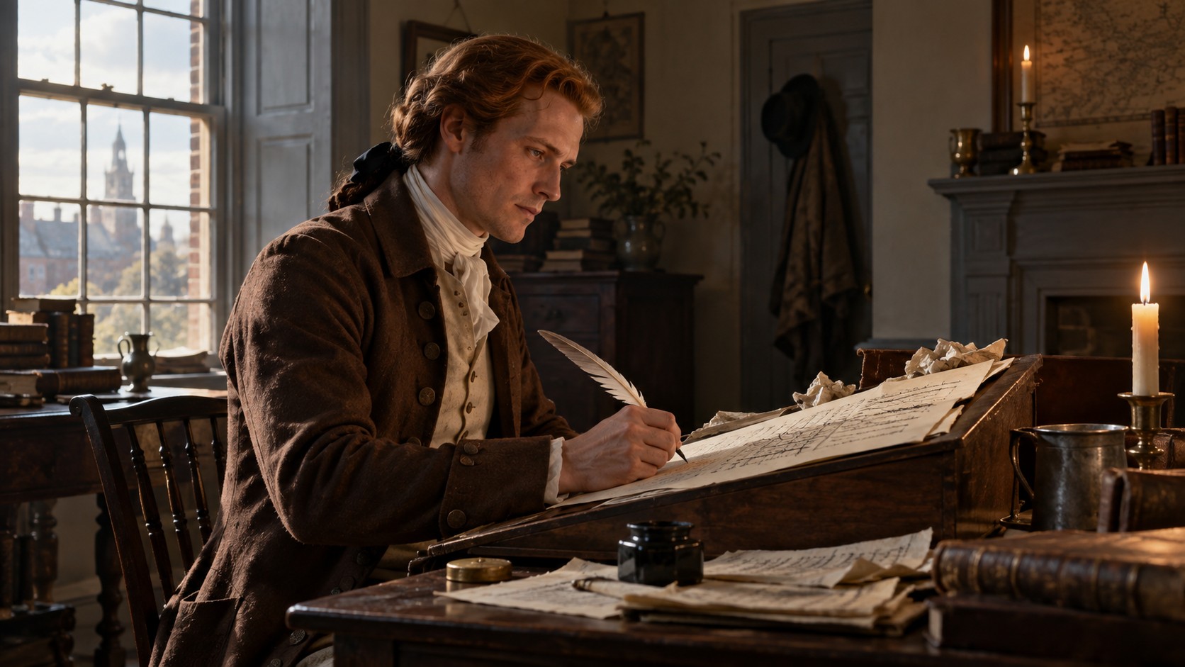 Dramatic reconstruction of the young Thomas Jefferson drafting at a wooden writing desk.