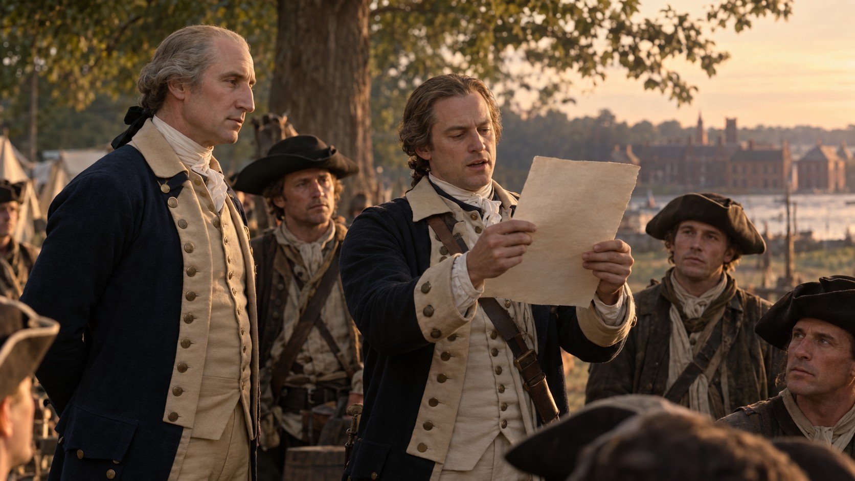 Dramatic reconstruction of Washington listening beside an officer reading a broadside to troops.